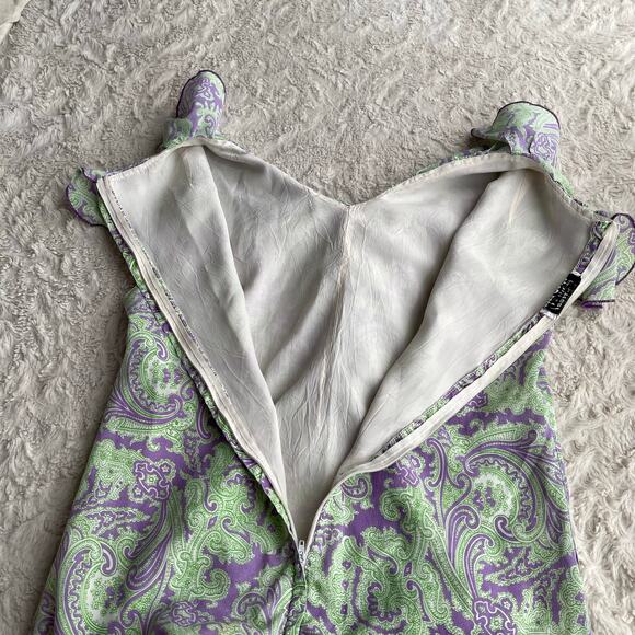 Vintage 60s ruffle front paisley print drop waist midi dress lilac purple green - Picture 8 of 15